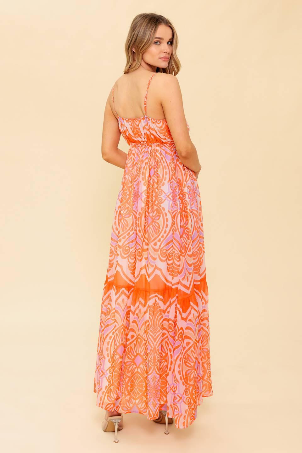 Flying Tomato Romance Language coral woven maxi dress from a flattering side angle, highlighting the soft woven fabric.