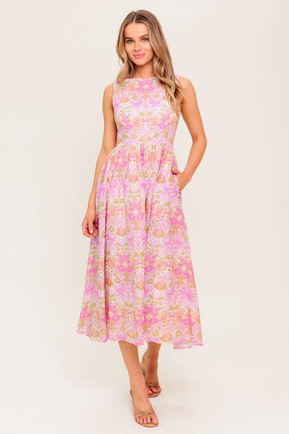 UNDER THE SUN PINK WOVEN MIDI DRESS Flying Tomato