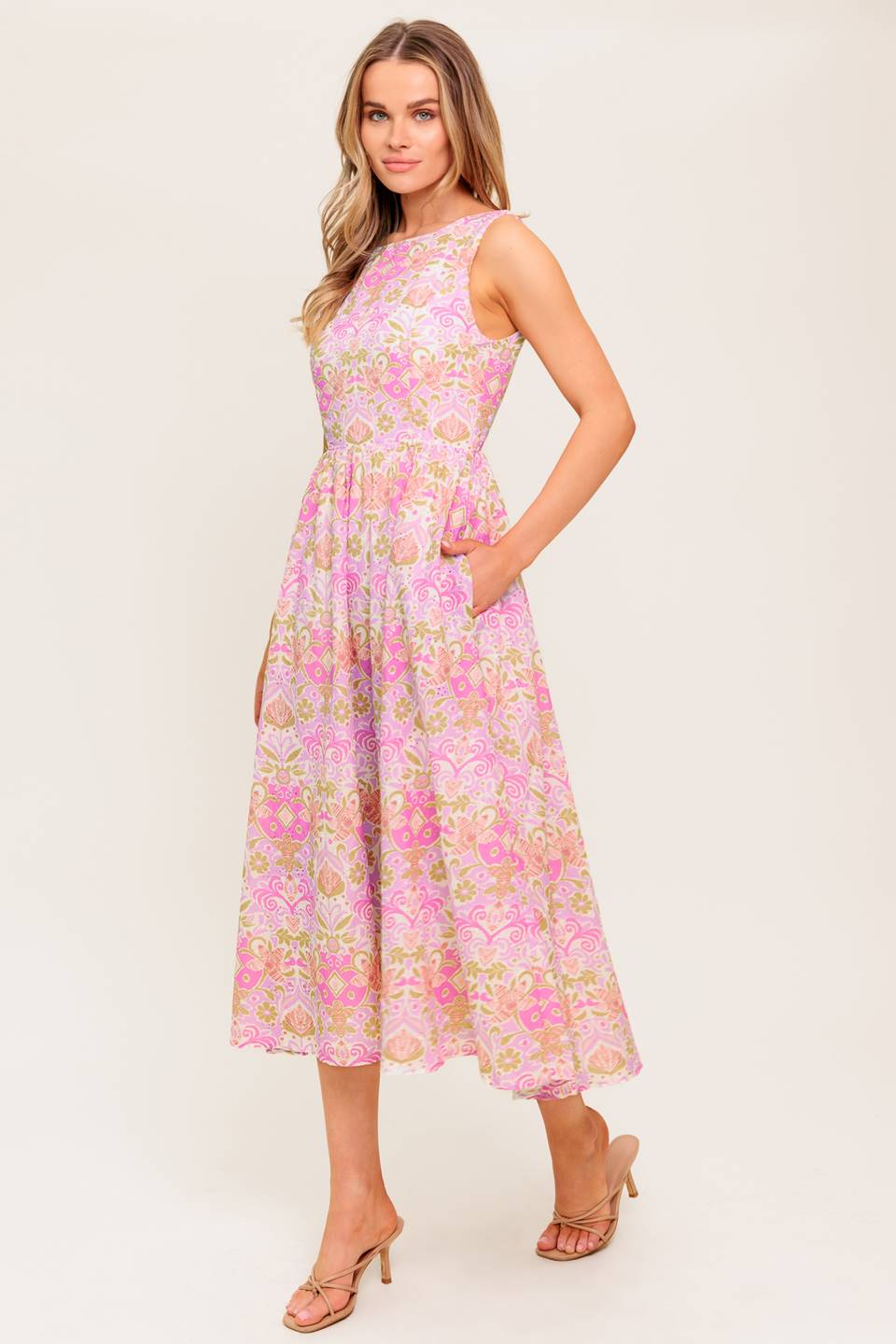 UNDER THE SUN PINK WOVEN MIDI DRESS Flying Tomato