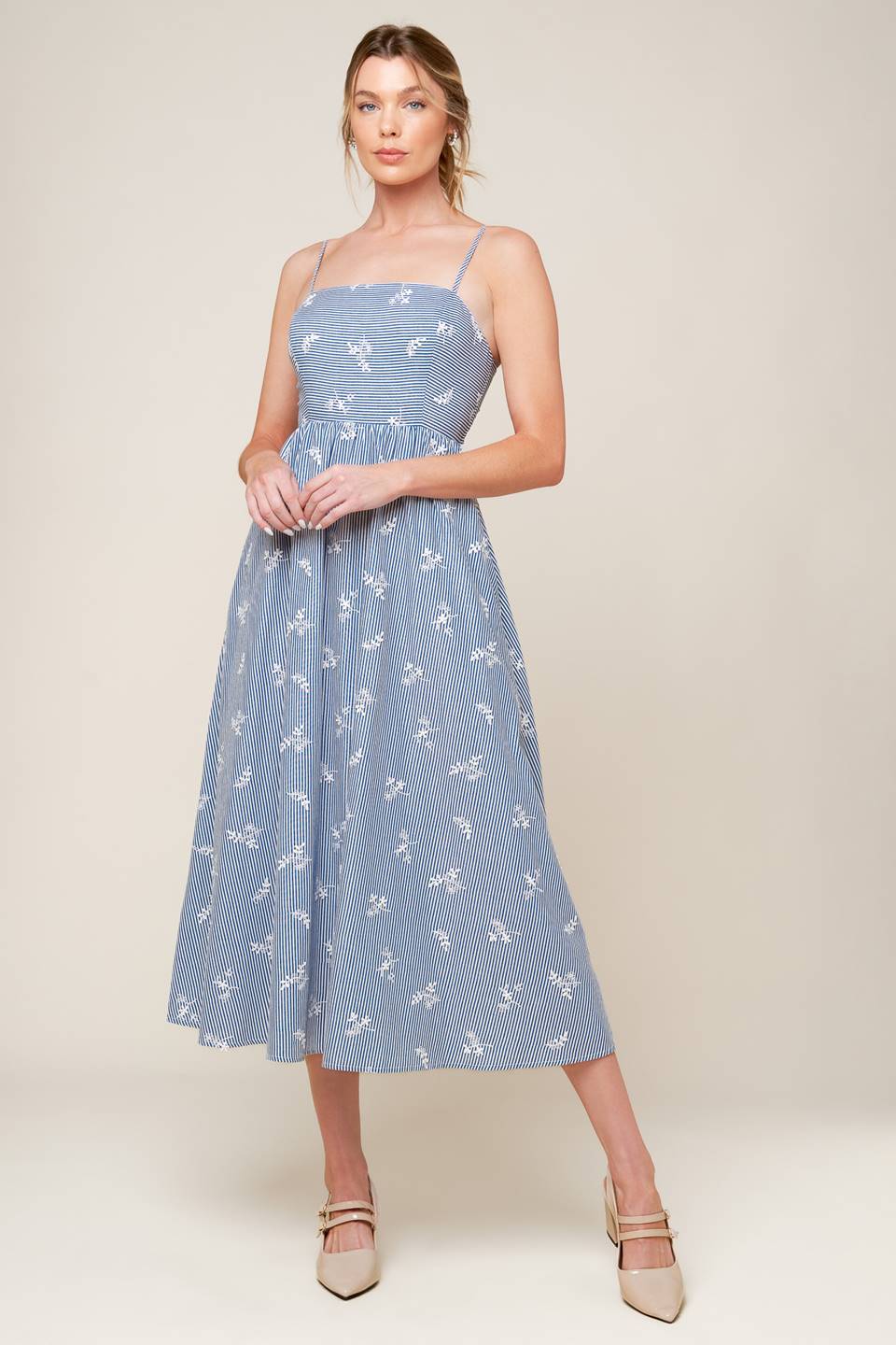 Layton Ivory Blue Woven Midi Dress with Embroidered Detail