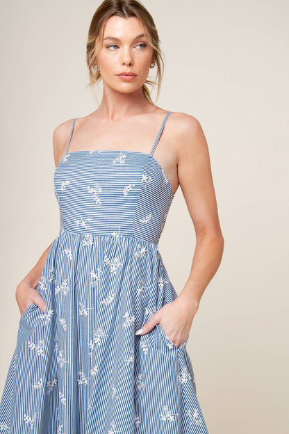 Layton Ivory Blue Woven Midi Dress with Embroidered Detail