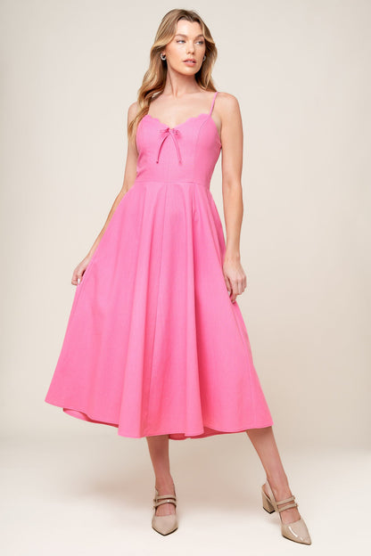 Let The Light Pink Woven Midi Dress With Bow Tie Detail