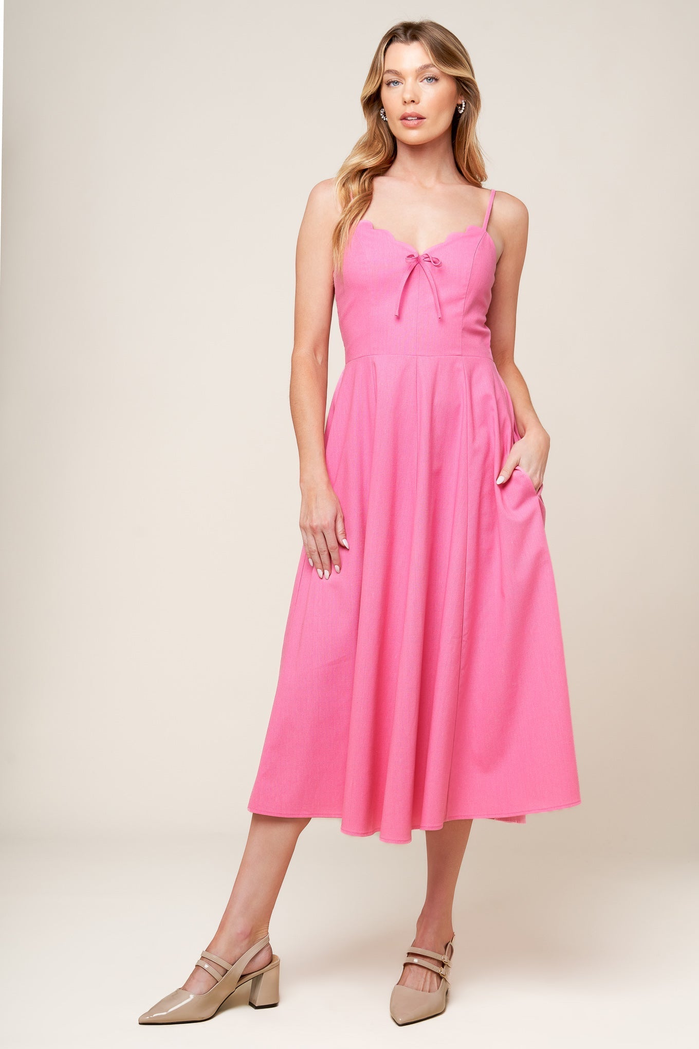 LET THE LIGHT PINK WOVEN MIDI DRESS Flying Tomato