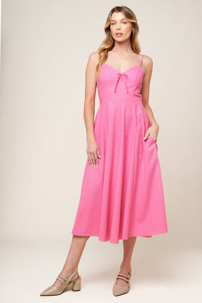 Let The Light Pink Woven Midi Dress With Bow Tie Detail