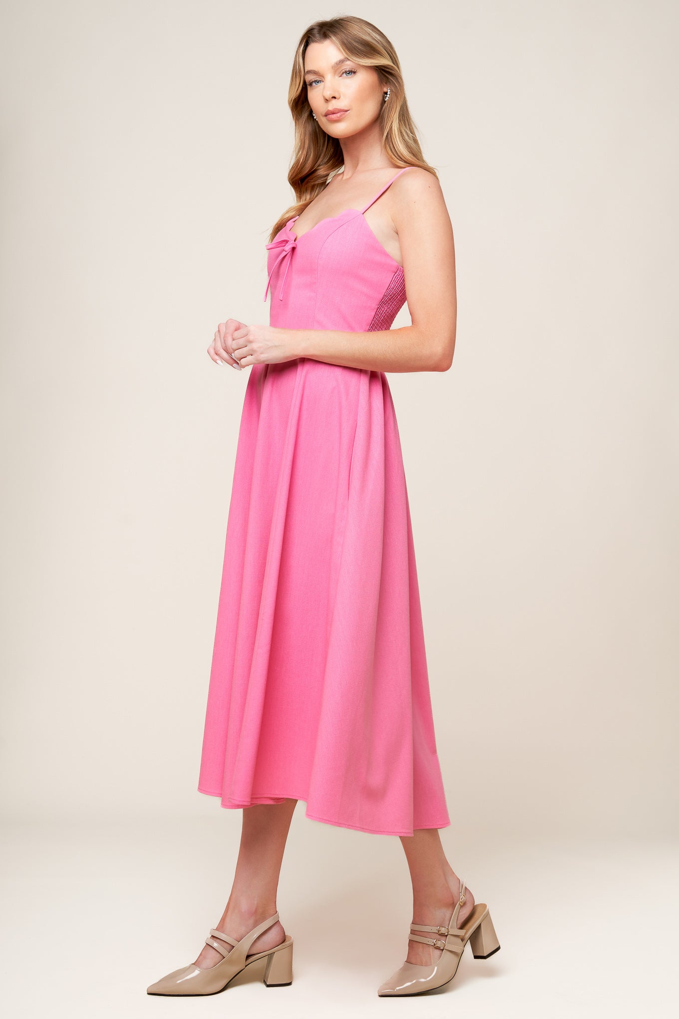 Let The Light Pink Woven Midi Dress With Bow Tie Detail