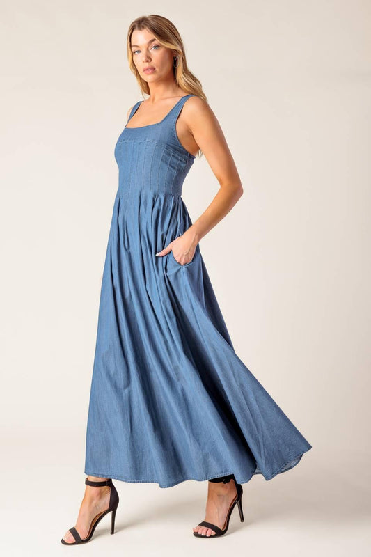 Flying Tomato PASSIFLORA INDIGO DENIM MIDI DRESS, full front view, showcasing its elegant indigo denim and comfortable midi l