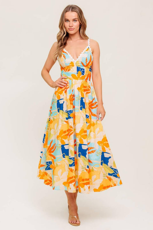 Flying Tomato Dawn Petal Kiss Woven Midi Dress, showcasing its elegant floral pattern and flattering midi length for quality 