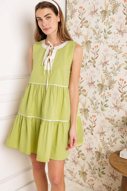 ELEGANT TIERED COTTON COLOR BLOCK MINI DRESS