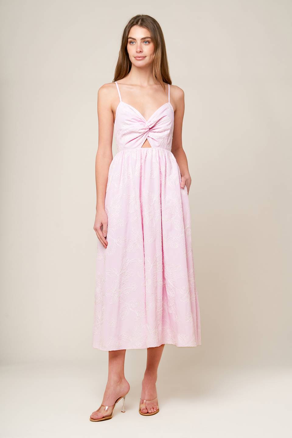 ALONG THE SHORE PINK WOVEN MIDI DRESS