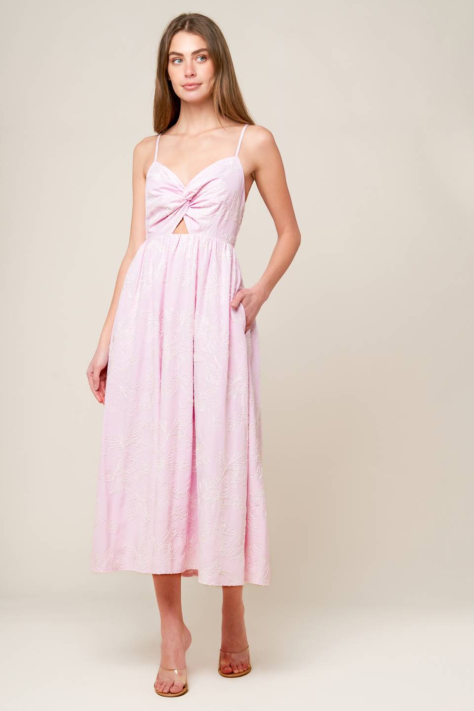 ALONG THE SHORE PINK WOVEN MIDI DRESS