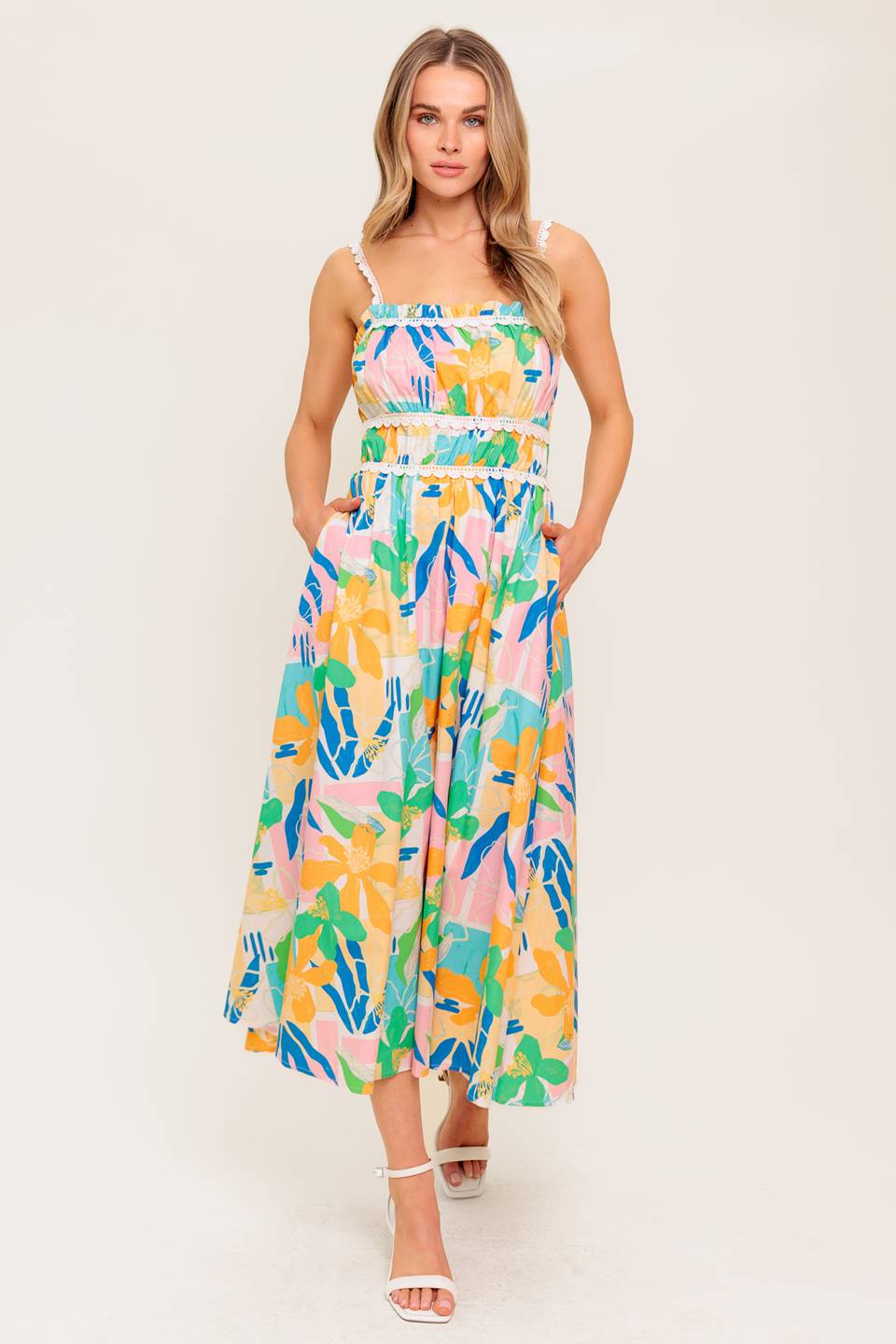 SUNLIT GARDEN PINK BLUE WOVEN MIDI DRESS Flying Tomato