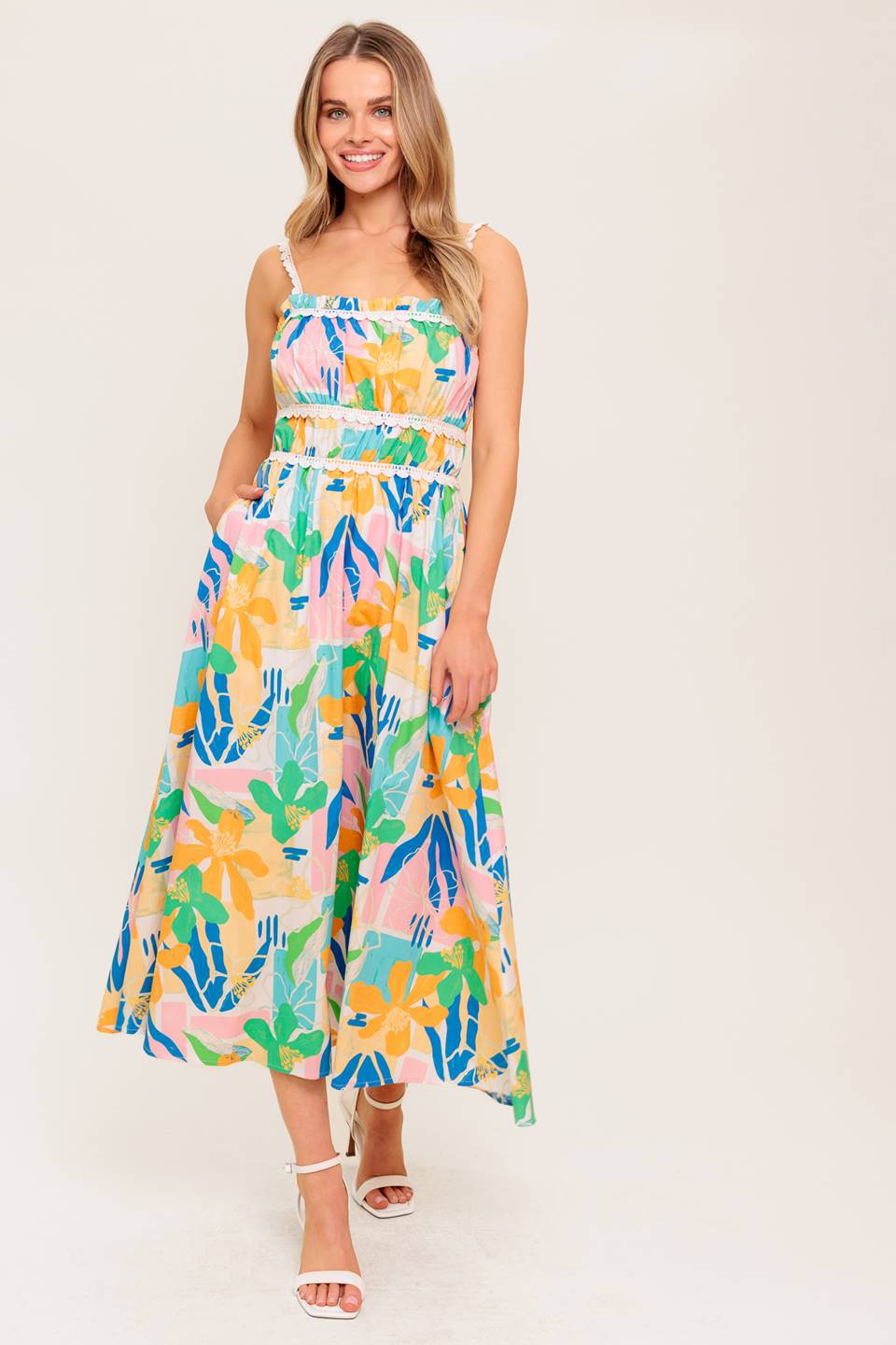 SUNLIT GARDEN PINK BLUE WOVEN MIDI DRESS Flying Tomato