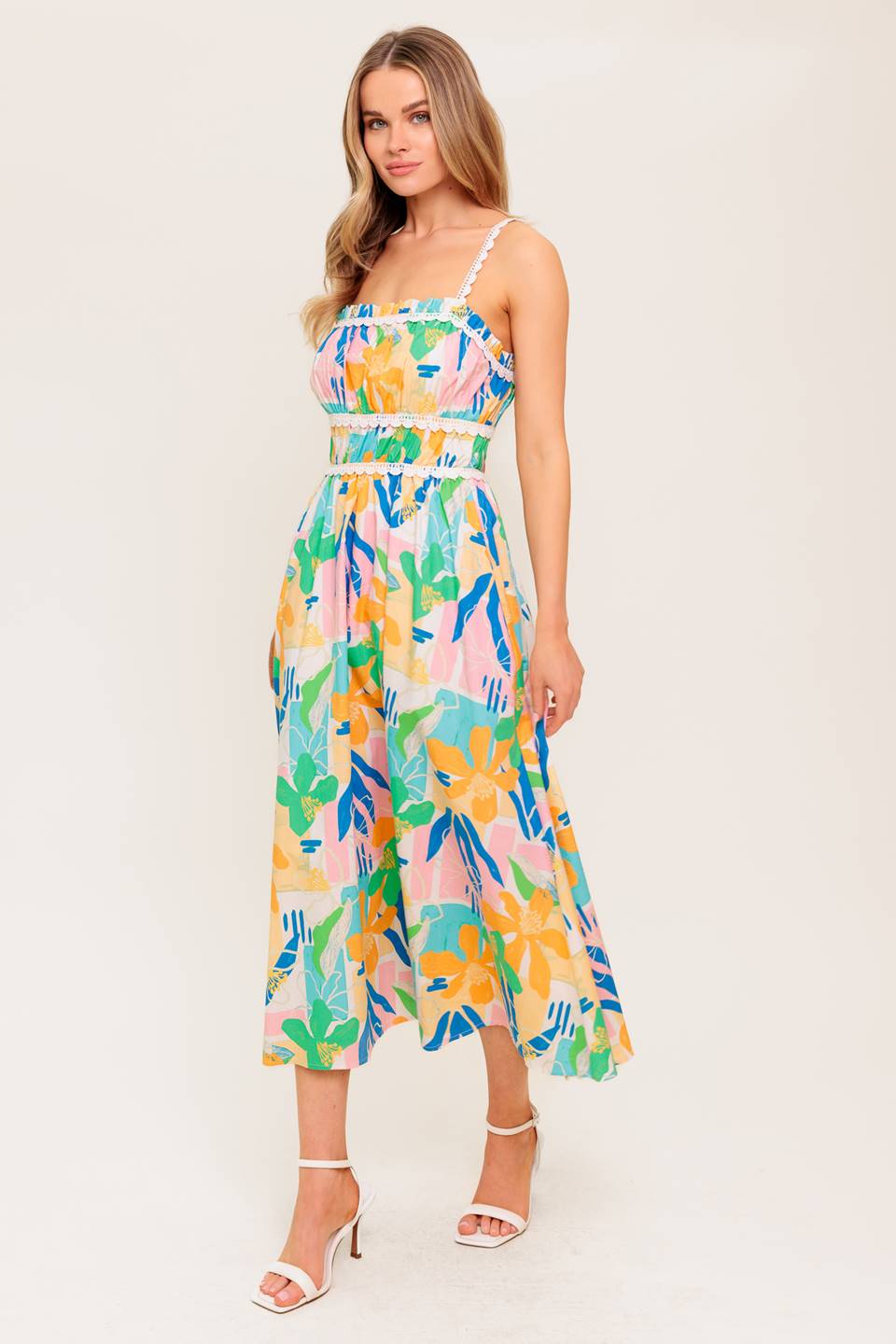 SUNLIT GARDEN PINK BLUE WOVEN MIDI DRESS Flying Tomato