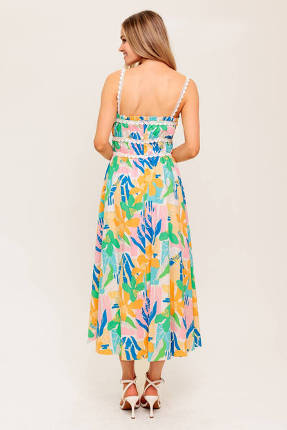 SUNLIT GARDEN PINK BLUE WOVEN MIDI DRESS