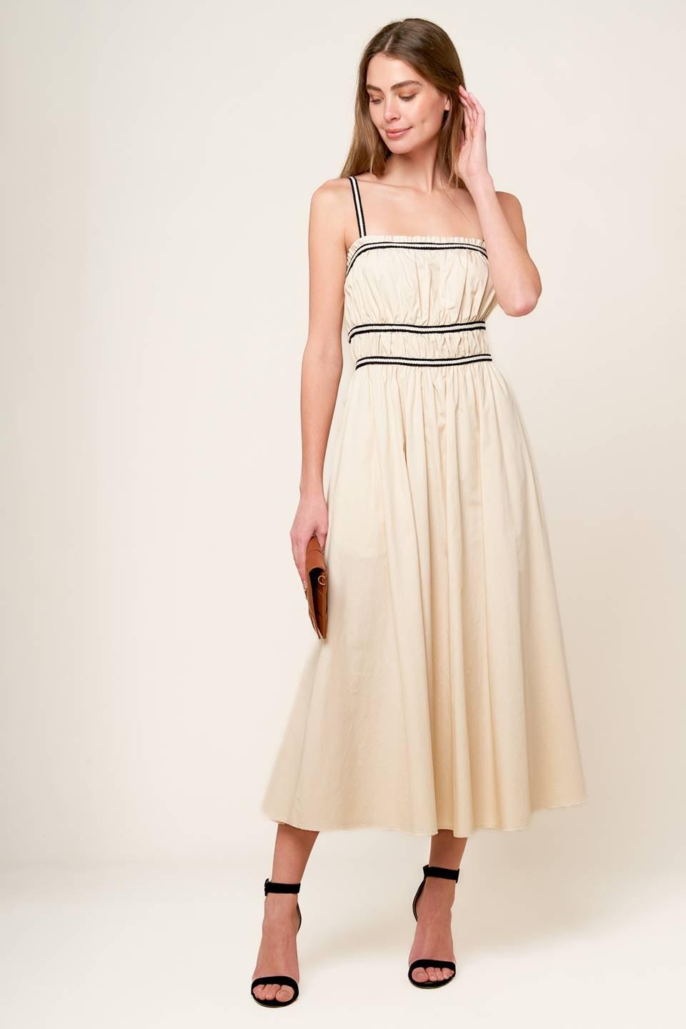 Flying Tomato Terrific Timing Cream Woven Midi Dress, elegant full view, flowing fabric, sophisticated style.