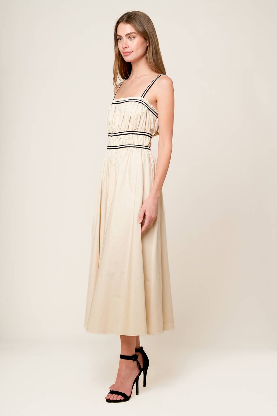 TERRIFIC TIMING CREAM WOVEN MIDI DRESS Flying Tomato