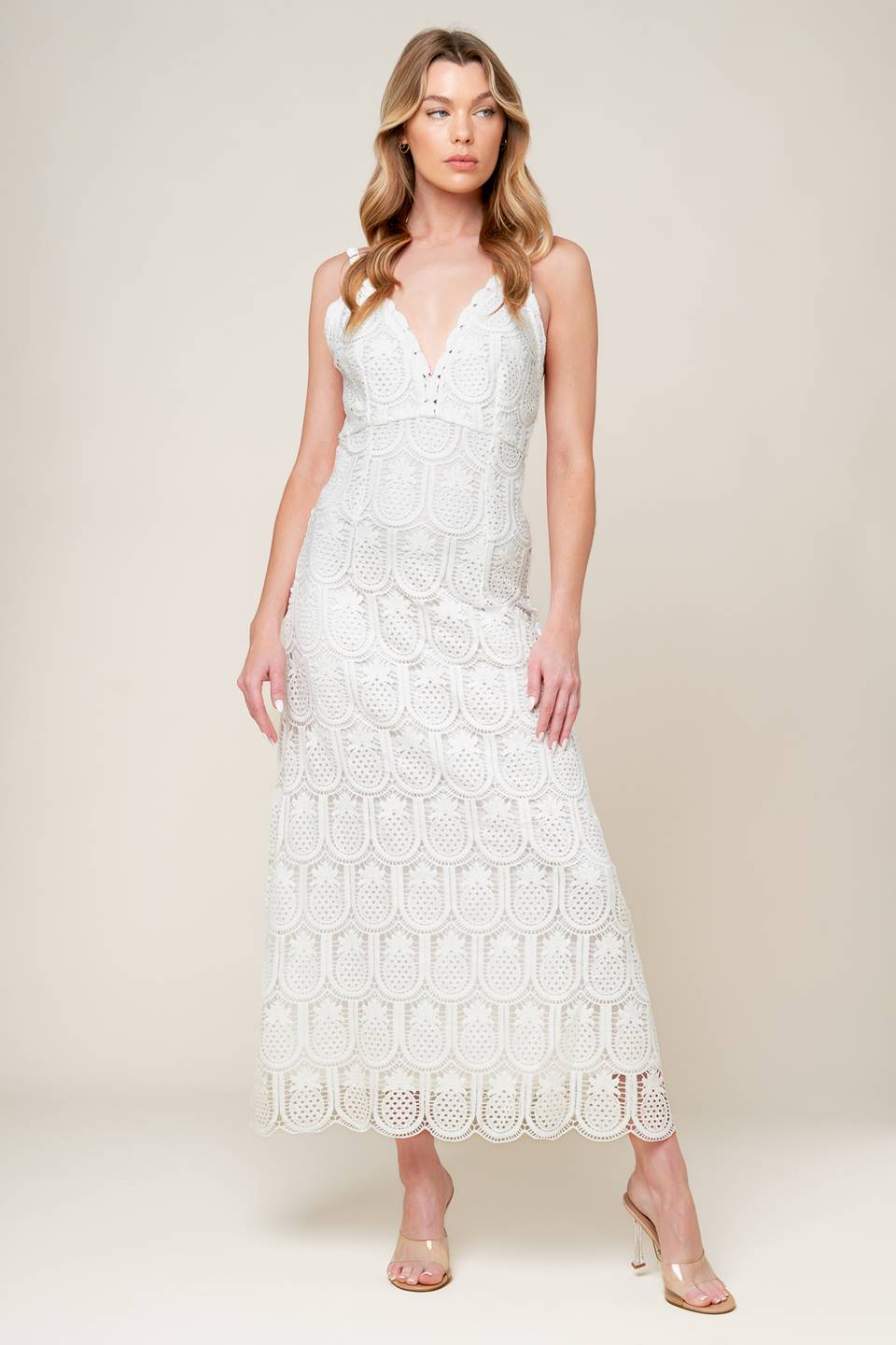 LOVING MENTALITY WHITE WOVEN LACE MIDI DRESS