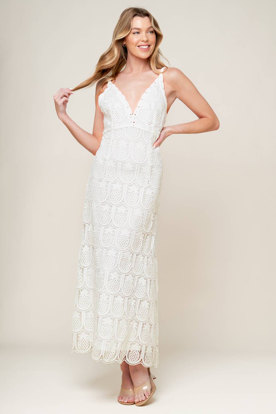 LOVING MENTALITY WHITE WOVEN LACE MIDI DRESS Flying Tomato