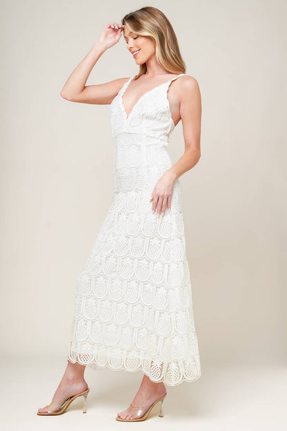 LOVING MENTALITY WHITE WOVEN LACE MIDI DRESS