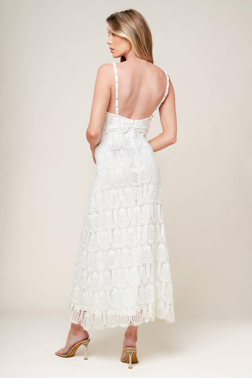 LOVING MENTALITY WHITE WOVEN LACE MIDI DRESS