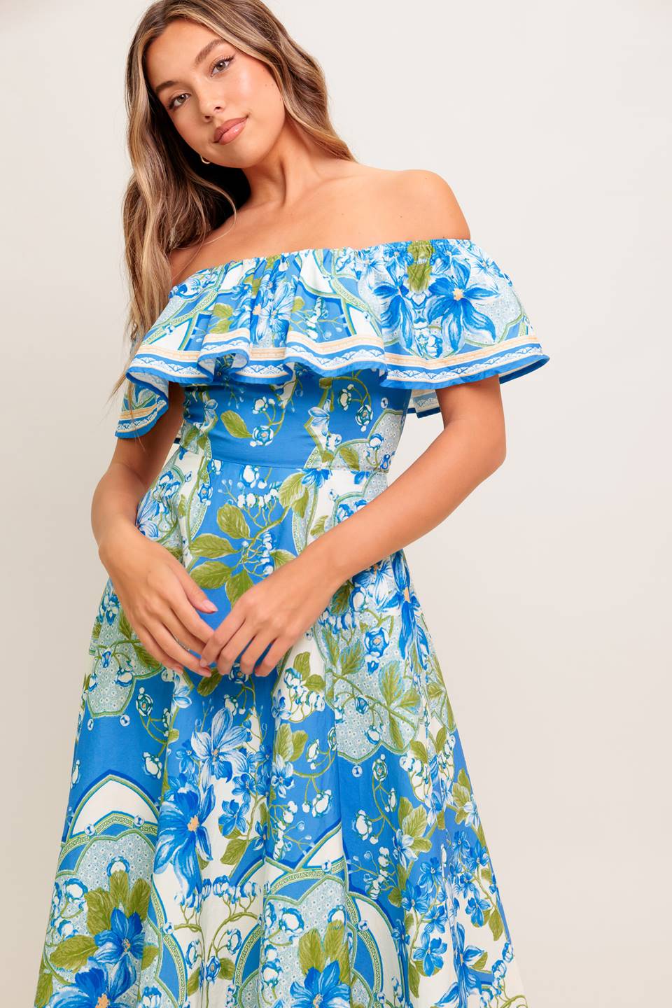 TROPICAL HAZE POWDER BLUE WOVEN MIDI DRESS Flying Tomato