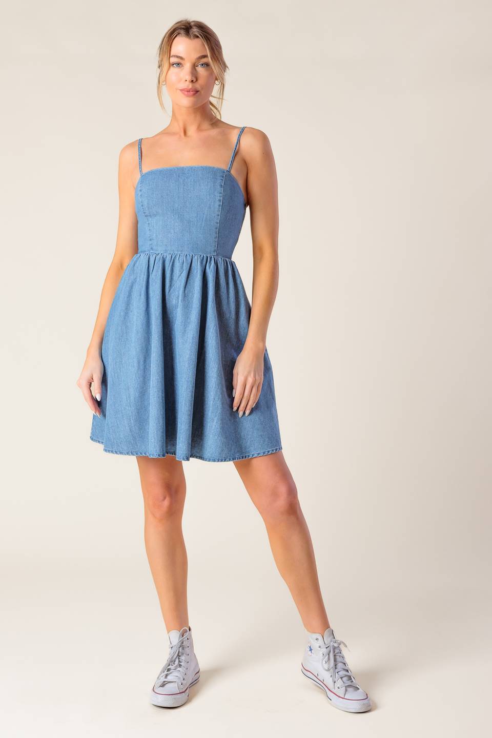 BACK IN LOVE DENIM MINI DRESS Flying Tomato