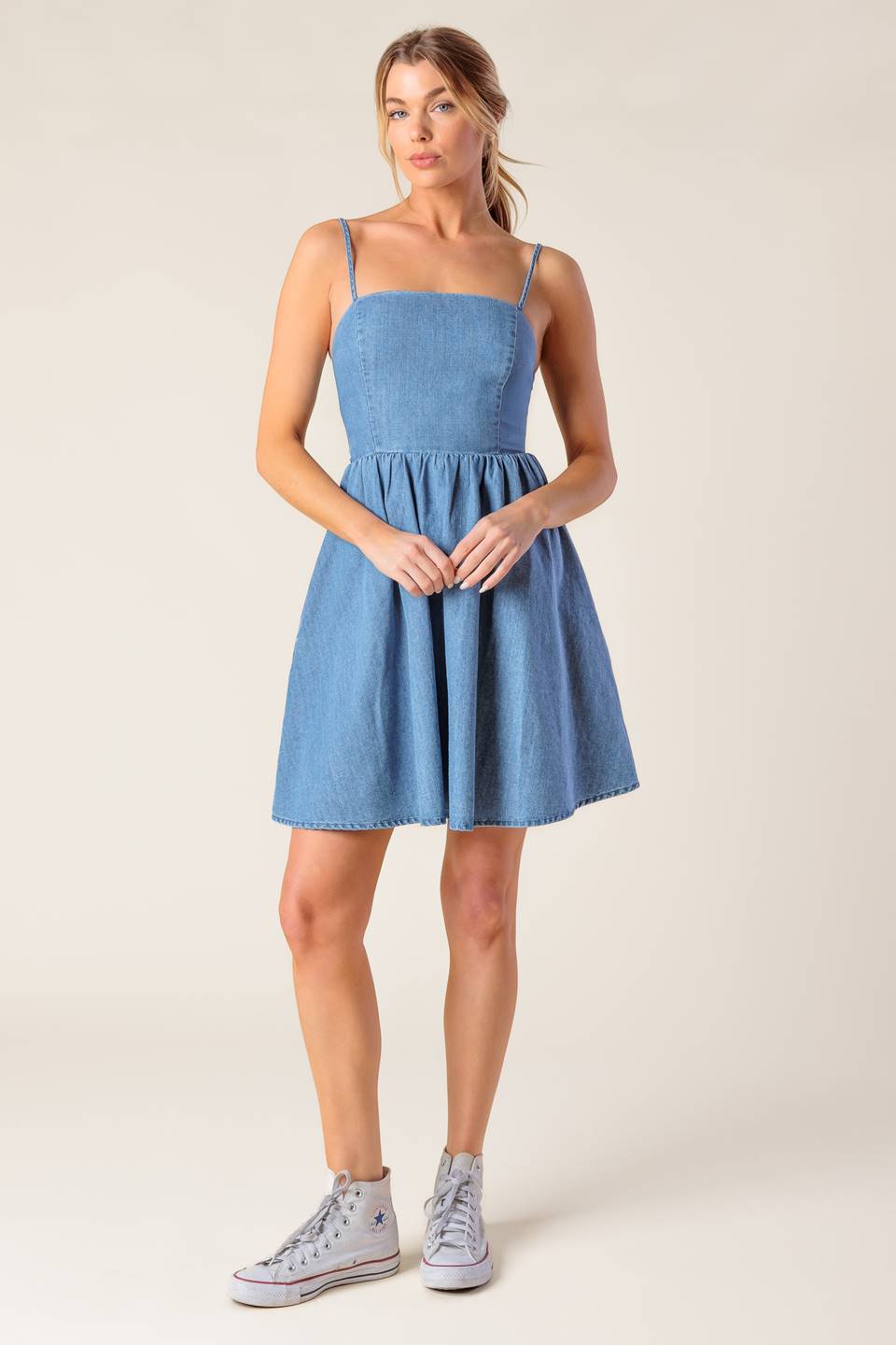 BACK IN LOVE DENIM MINI DRESS Flying Tomato