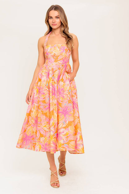 MORNING BLOOM CORAL WOVEN MIDI DRESS