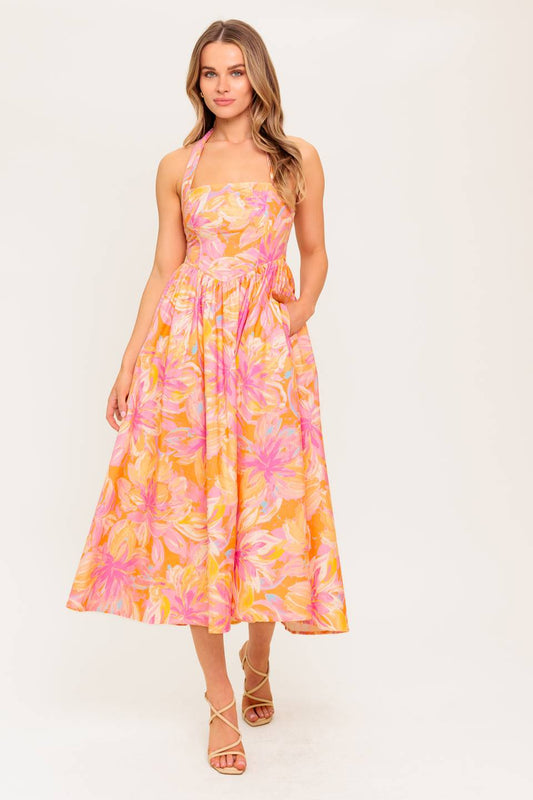MORNING BLOOM CORAL WOVEN MIDI DRESS Flying Tomato