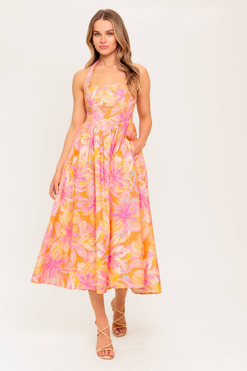 MORNING BLOOM CORAL WOVEN MIDI DRESS Flying Tomato