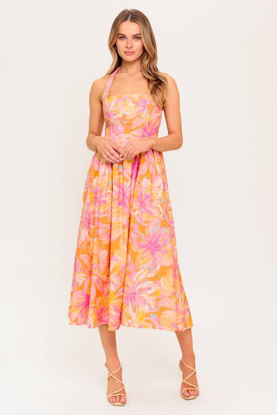 MORNING BLOOM CORAL WOVEN MIDI DRESS Flying Tomato