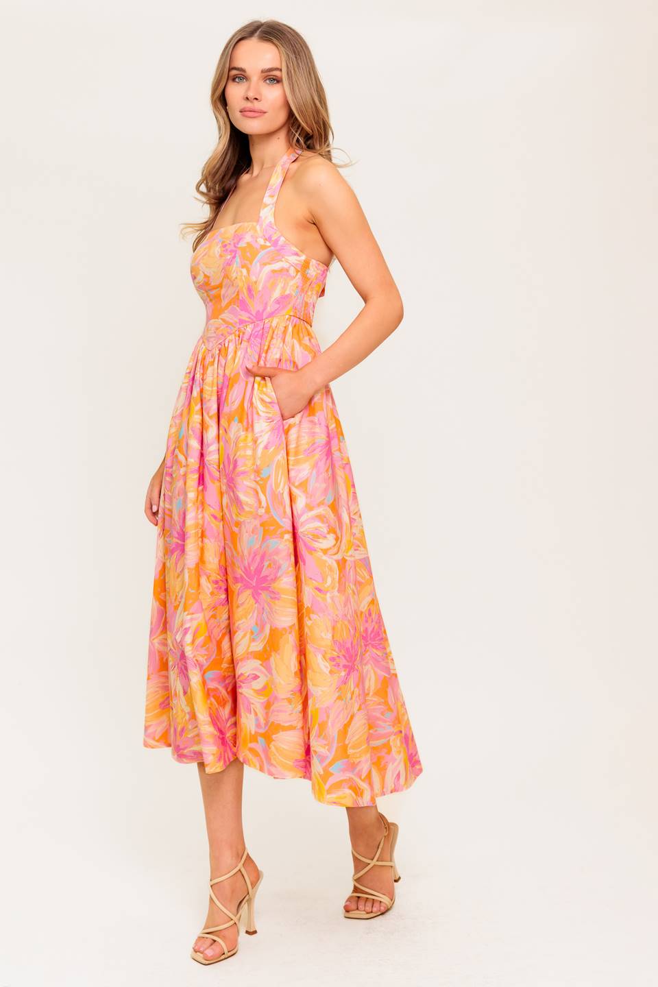 MORNING BLOOM CORAL WOVEN MIDI DRESS Flying Tomato