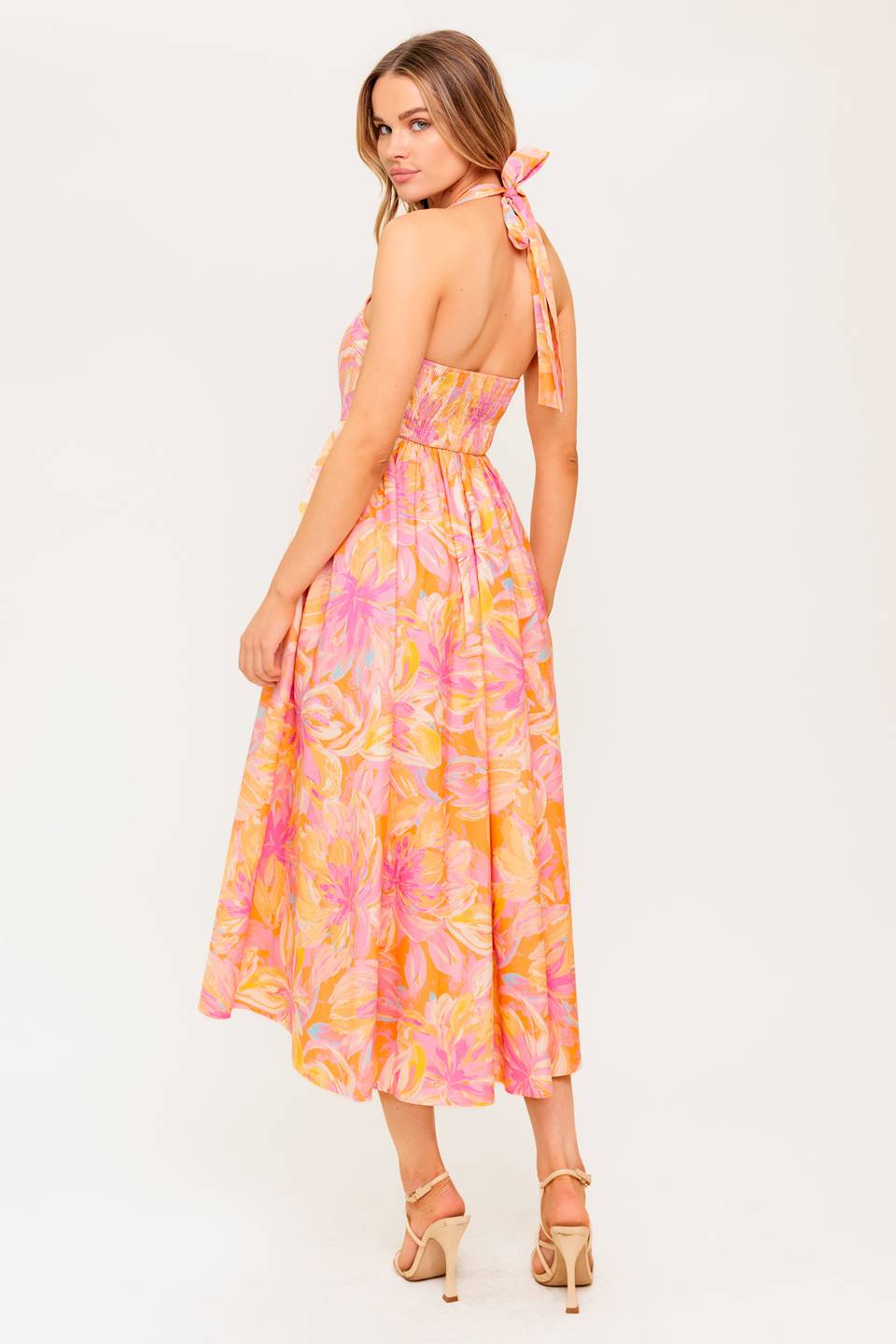 MORNING BLOOM CORAL WOVEN MIDI DRESS Flying Tomato