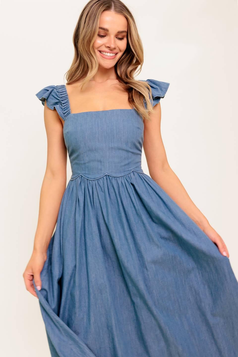 Flying Tomato DRIFTWOOD PETAL CHAMBRAY MIDI DRESS, model wearing the comfortable chambray midi dress, highlighting its gracef