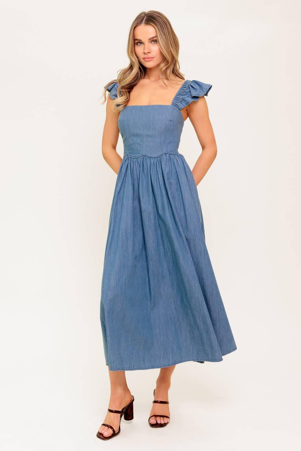 Flying Tomato DRIFTWOOD PETAL CHAMBRAY MIDI DRESS, close-up of the sleeve and cuff, revealing the thoughtful design and quali