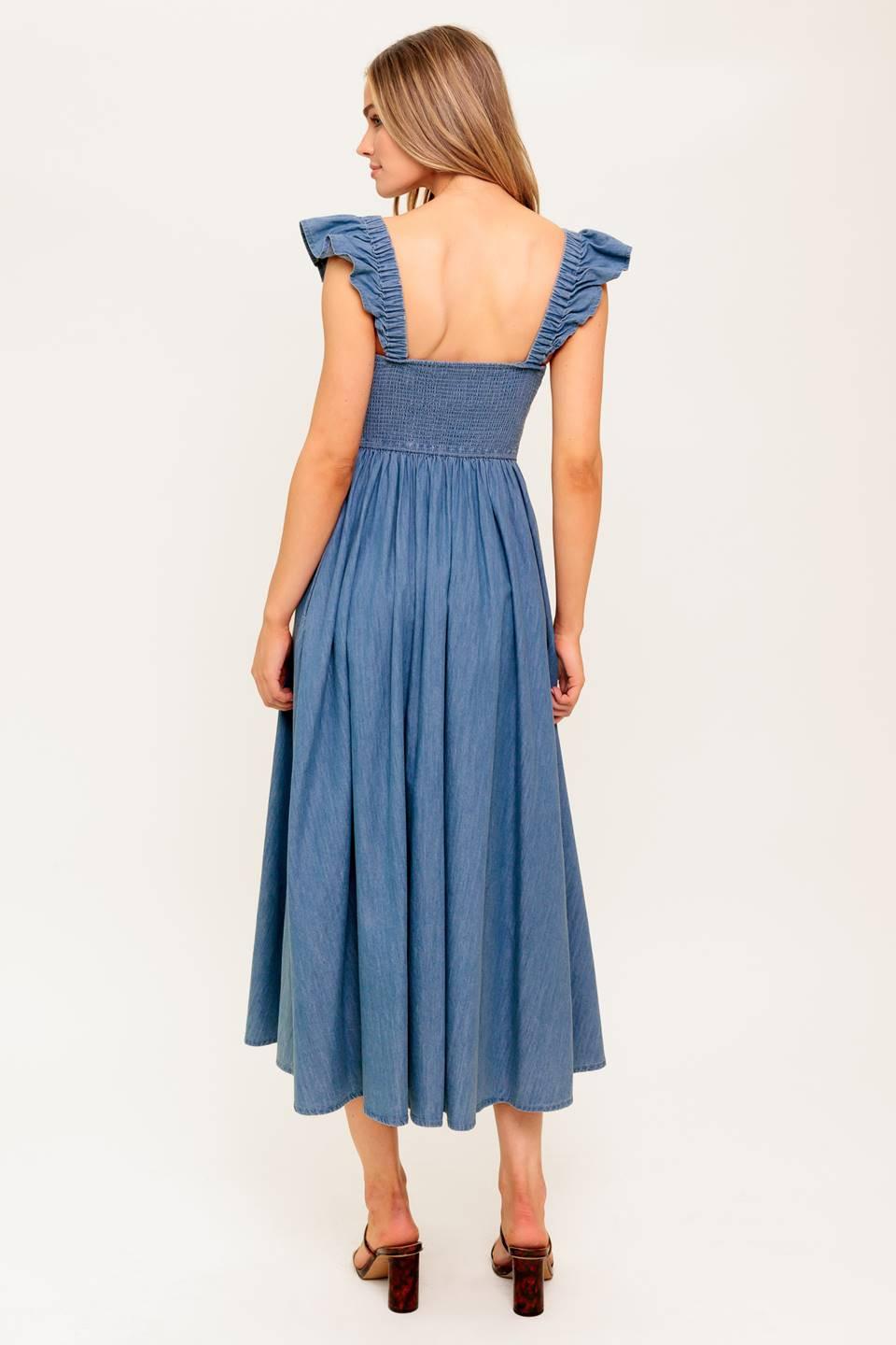 Flying Tomato DRIFTWOOD PETAL CHAMBRAY MIDI DRESS, model walking, showing the natural movement and flow of the quality chambr