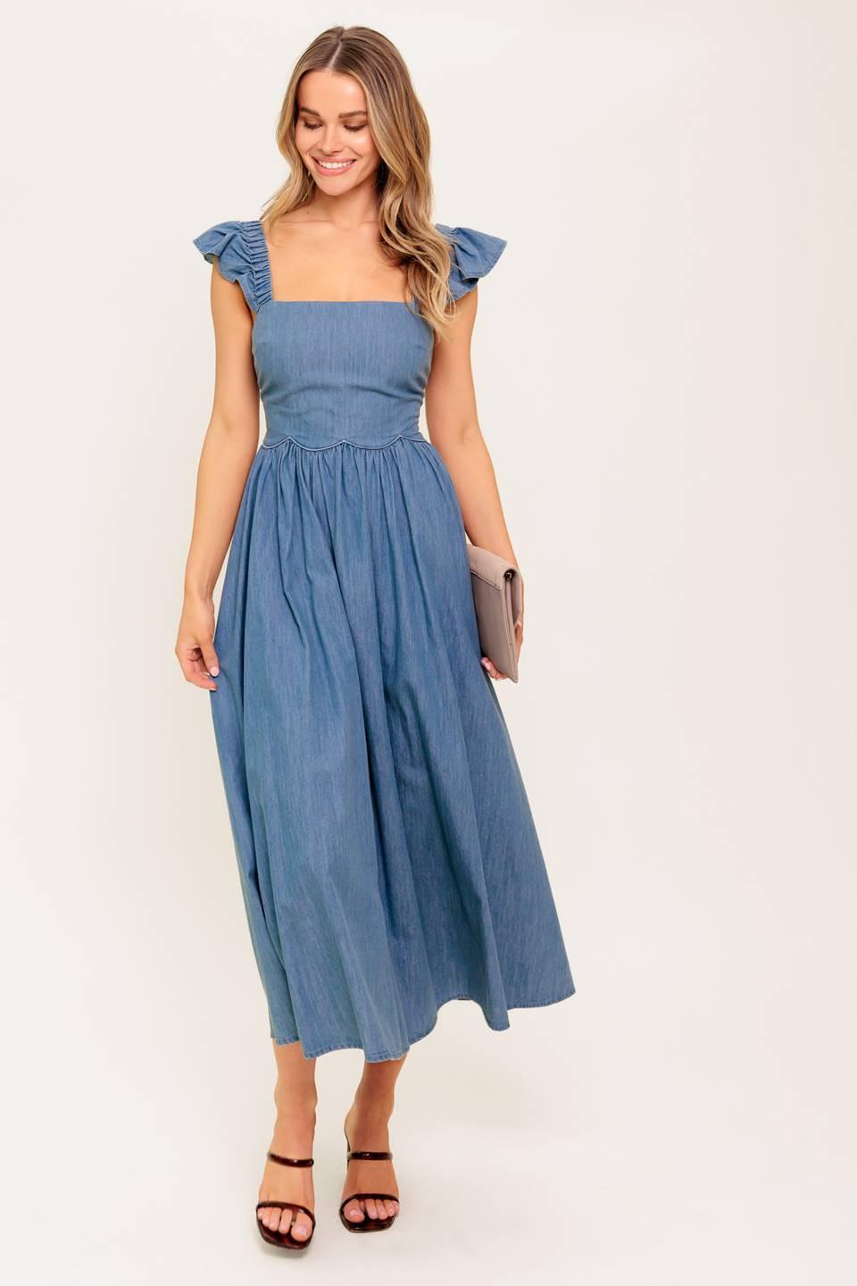 Flying Tomato DRIFTWOOD PETAL CHAMBRAY MIDI DRESS, a close-up of the fabric's texture and subtle petal print, highlighting it
