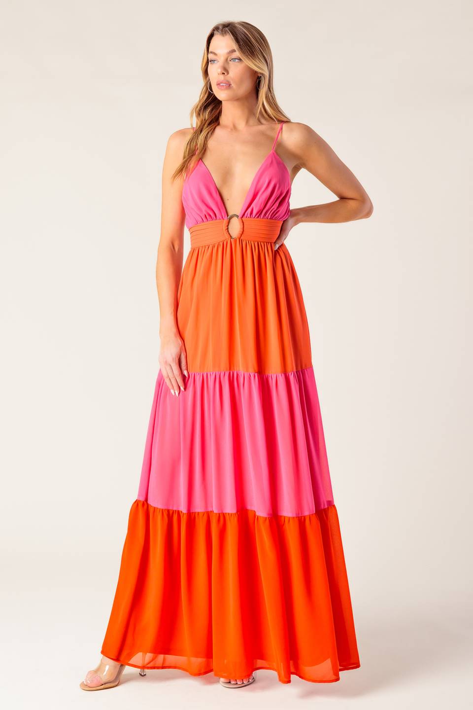 REGAL RISE WOVEN COLOR BLOCKED MAXI DRESS Flying Tomato