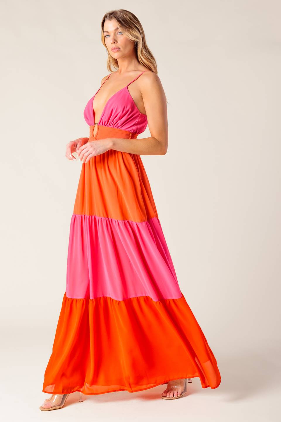 REGAL RISE WOVEN COLOR BLOCKED MAXI DRESS Flying Tomato