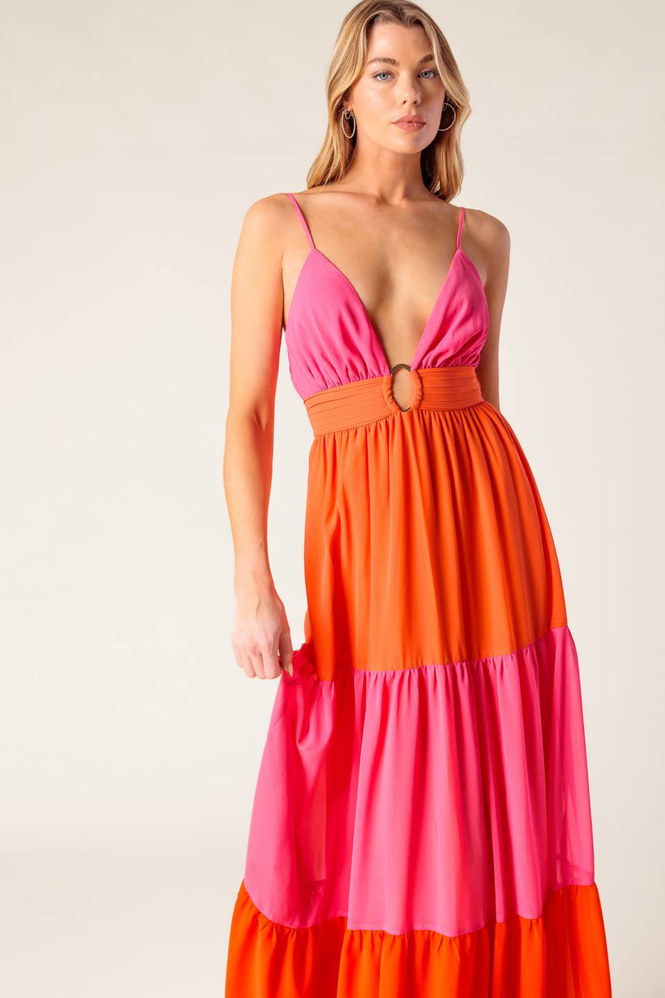 REGAL RISE WOVEN COLOR BLOCKED MAXI DRESS Flying Tomato