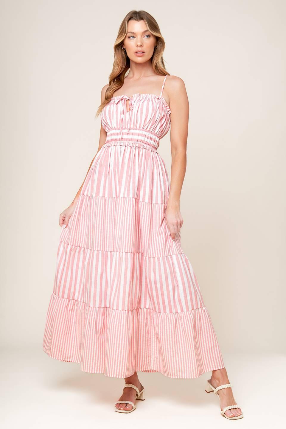 Flying Tomato GIA PEONY PINK WOVEN MAXI DRESS, a flowing cotton blend garment with a chic ruffled neckline and elegant stripe