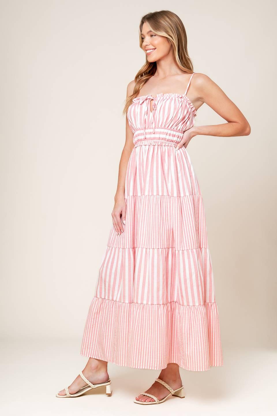 Flying Tomato GIA PEONY PINK WOVEN MAXI DRESS worn, showcasing its elegant drape and comfortable fit for quality style.