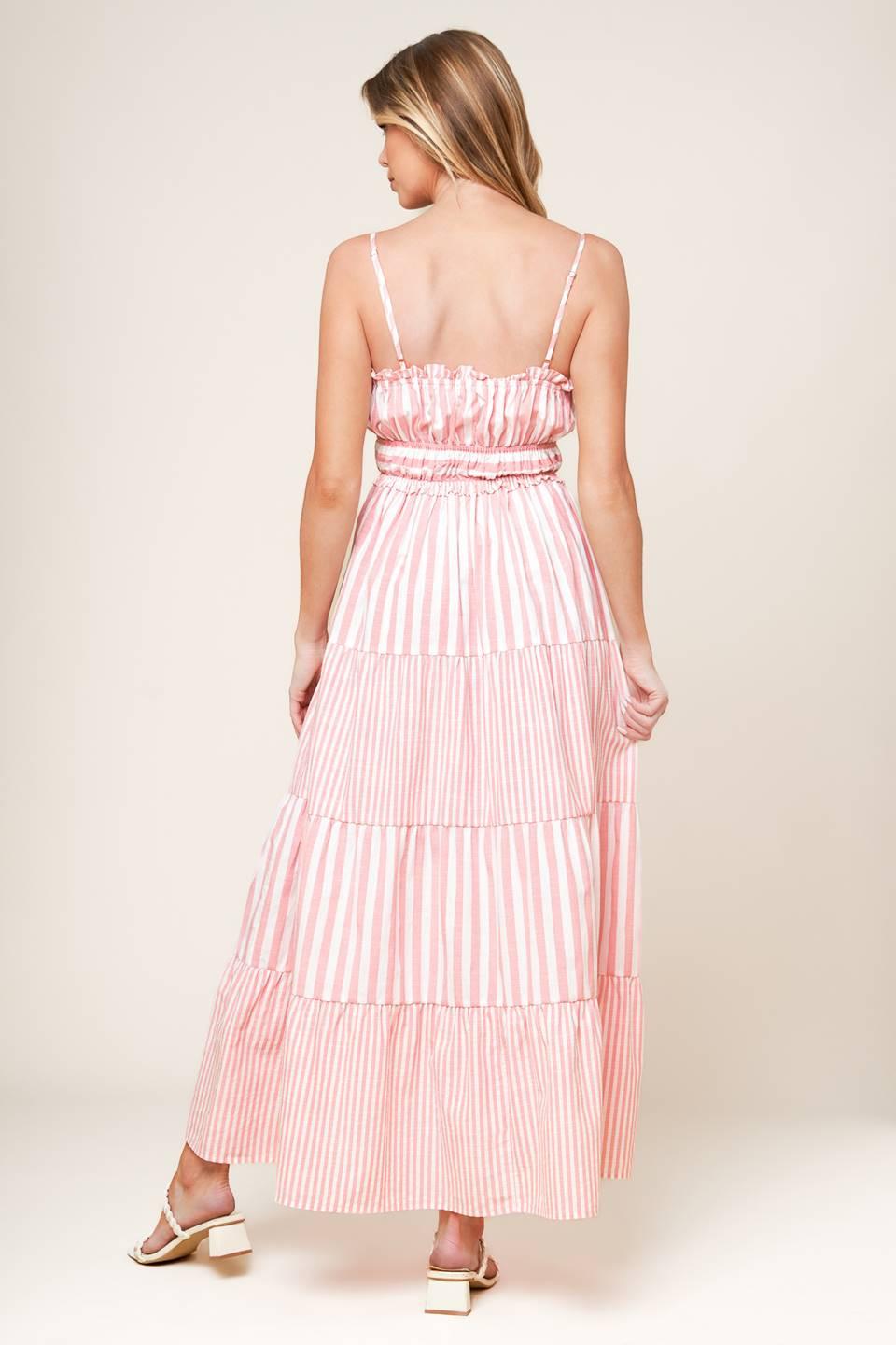 Flying Tomato GIA PEONY PINK WOVEN MAXI DRESS, featuring a comfortable elasticized waist and subtle striped pattern.