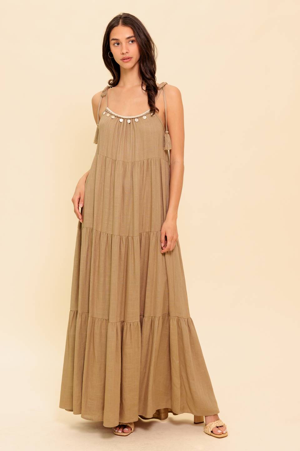 WORLD OF POSSIBLILITIES TAUPE WOVEN MAXI DRESS Flying Tomato