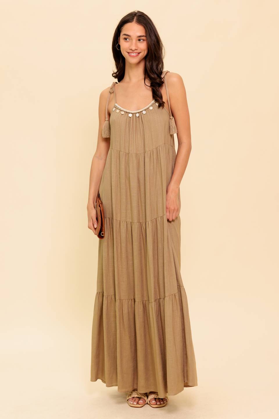 WORLD OF POSSIBLILITIES TAUPE WOVEN MAXI DRESS Flying Tomato
