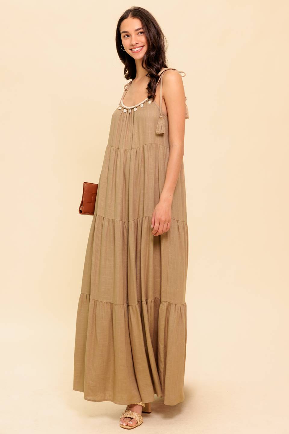 WORLD OF POSSIBLILITIES TAUPE WOVEN MAXI DRESS Flying Tomato