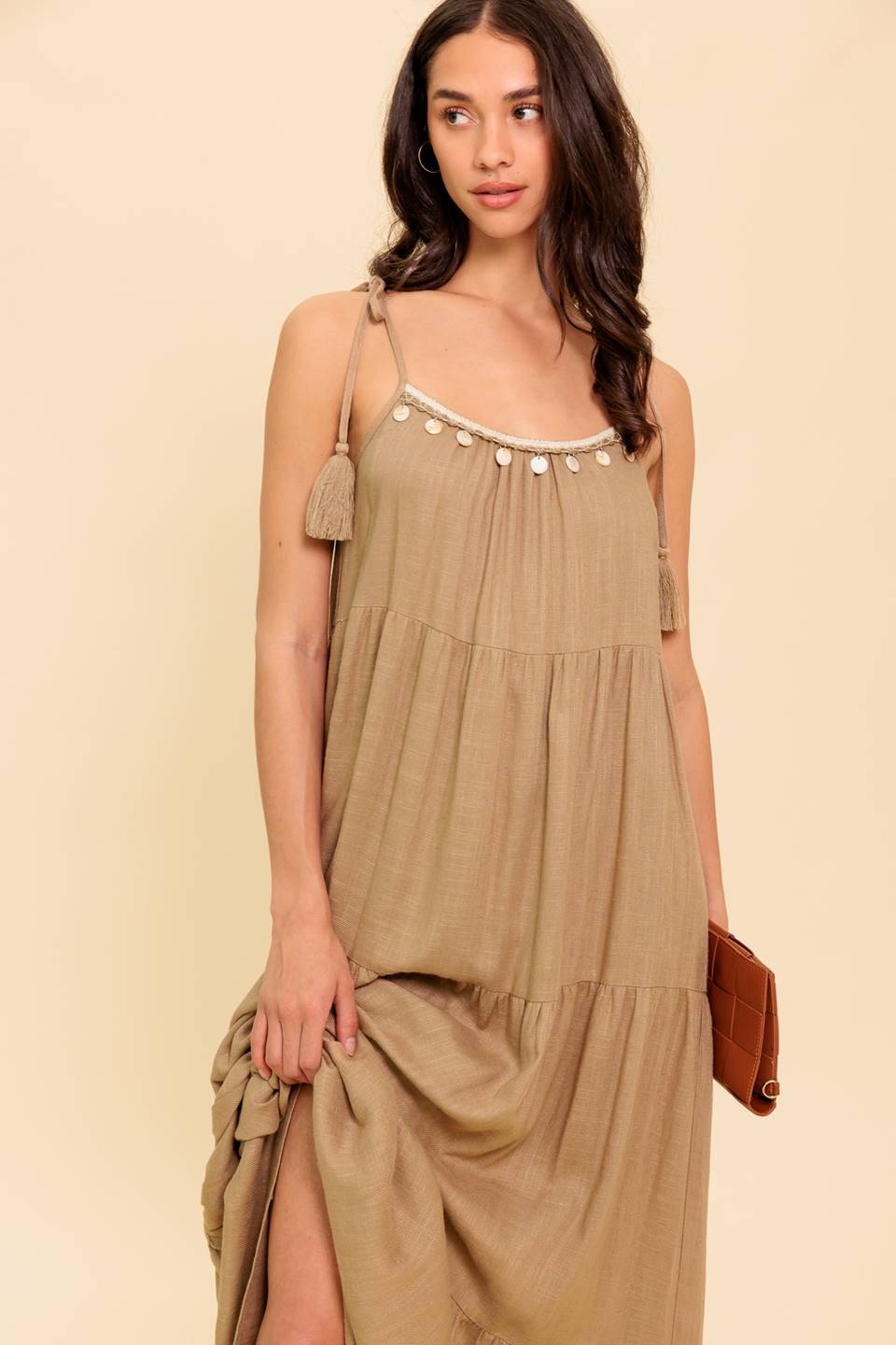 WORLD OF POSSIBLILITIES TAUPE WOVEN MAXI DRESS Flying Tomato