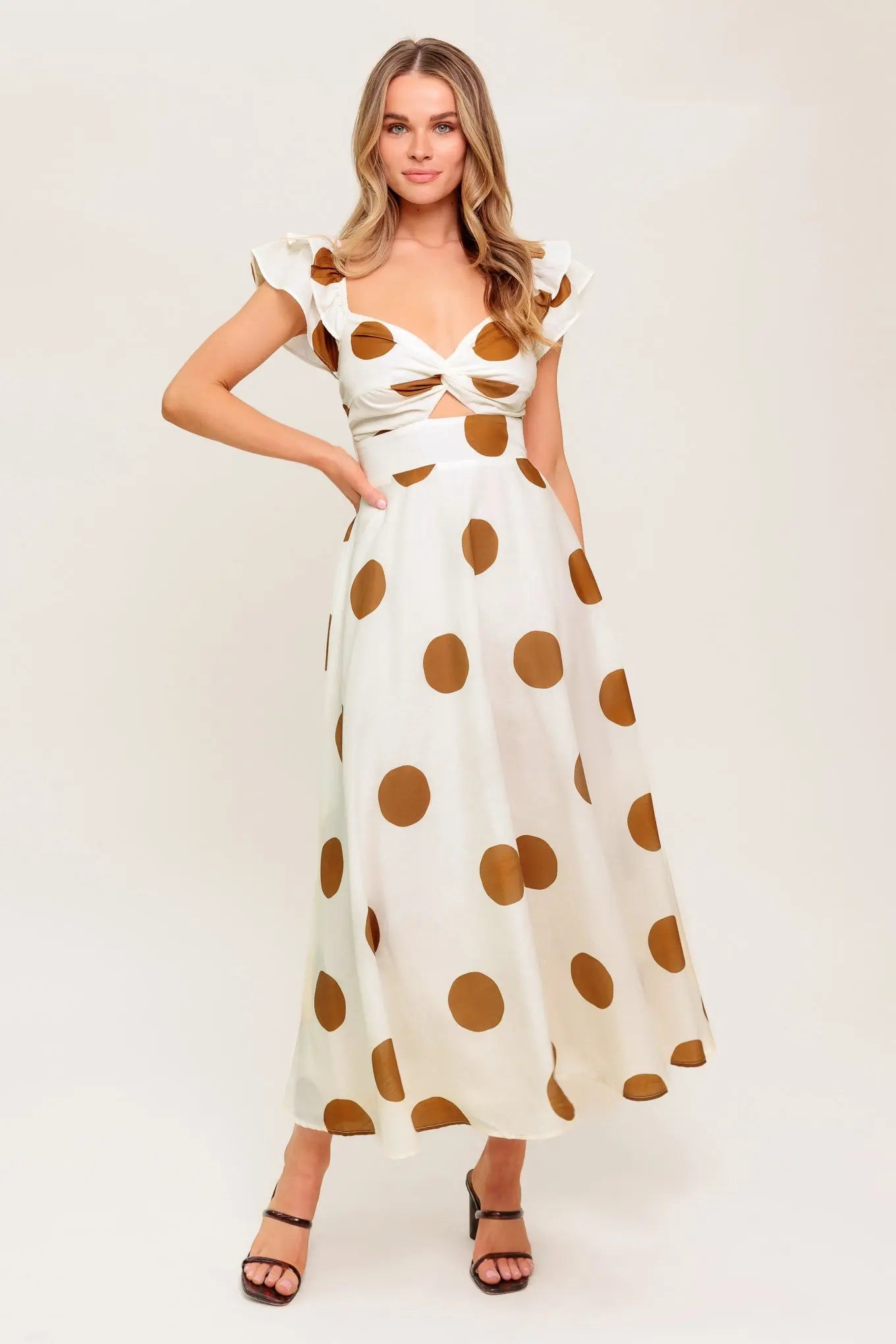 Mojito Mood Polka Dot Woven Midi Dress With Sweetheart Neckline Flying Tomato