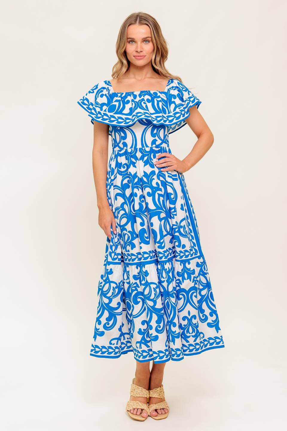 BLOOM SERENADE BLUE WOVEN MIDI DRESS Flying Tomato