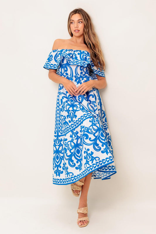 Flying Tomato Bloom Serenade blue woven midi dress with flowing skirt and delicate fabric texture